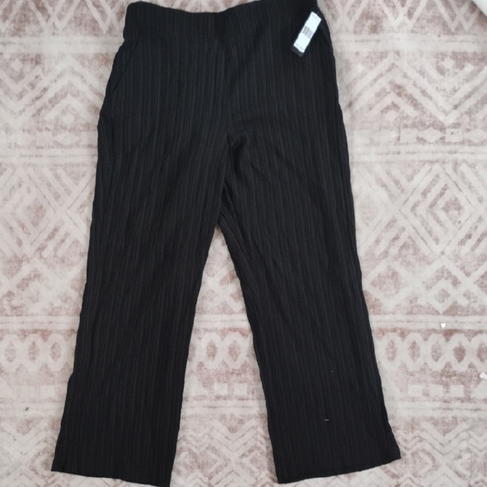 Soho Apparel Black Pleated Textured Pinstripe Wide Leg Pants